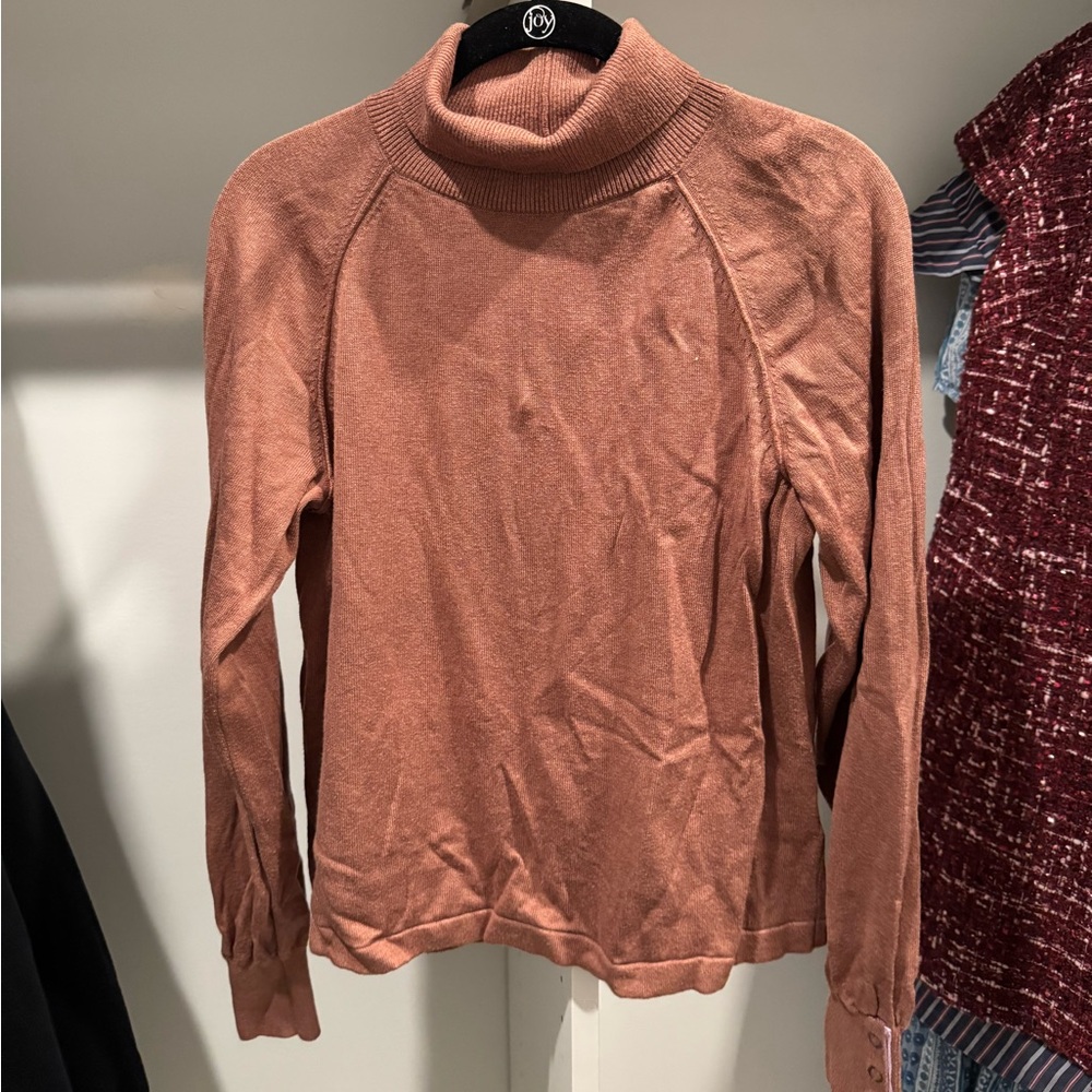 LILLA P Lightweight Turtleneck Sweater, Size Small, Brown with Purple Detailing